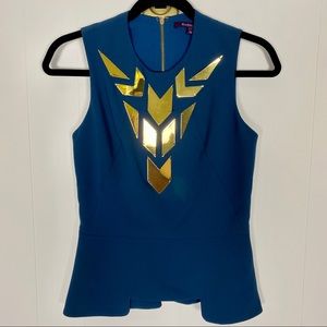 Rachel Roy Sleeveless Peplum Blouse Gold Shapes XS
